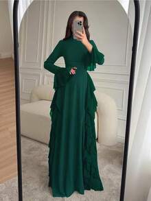 ii Đầm nữ thanh lịch màu trơn, thắt eo, tay xòe, viền bèo nhún, thích hợp cho mùa xuân. - Màu xanh lá cây đậm - Xem 2