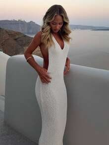 2026 Summer Women's Sleeveless Ribbed Knit Dress, Backless Design, Fitted Silhouette, Sexy For Beach Vacation - White - View 1