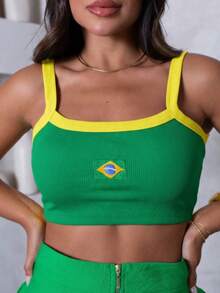 Cropped Top Brazil Women's Ribbed Straps Embroidered Cup 2026 Vibe Contrasting Waist Open Back / Backless Embroidery Beach - Green - View 1
