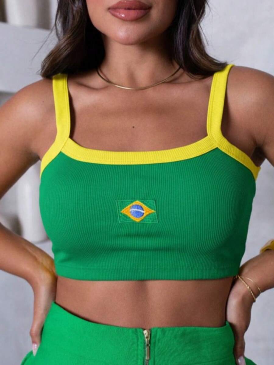 Cropped Top Brazil Women's Ribbed Straps Embroidered Cup 2026 Vibe Contrasting Waist Open Back / Backless Embroidery Beach - Green - View 1