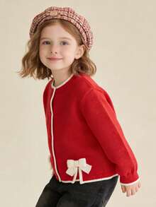 Balabala Girls' Knitted Cardigan, Sweet Spring Jacket For Young Girl - Chinese Red - View 4