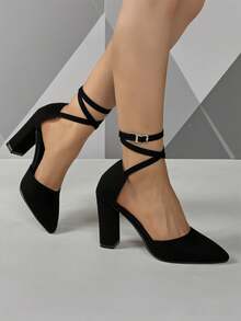 Nuevas sandalias de tacón grueso negro con diseño calado, sandalias de tacón alto para mujer con punta cerrada y tiras, tacones puntiagudos tipo slip-on para el trabajo y uso diario - Negro - Ver 5