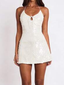 Women Sequin Halter Neck Dress Sleeveless Bow Tie Front Backless Mini Bodycon Dress For Daily Party Club - 白色 - 查看 3