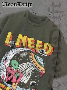 NeonDrift Halloween, Christmas, Thanksgiving Gifts-Alien UFO Graphic T-Shirt: Bold Cosmic Design For Sci-Fi Enthusiasts - Perfect For Festival Wear And  Outfits - xanh quân đội - Xem 2