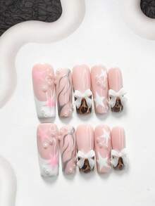 10pcs Desire Law Style Acrylic Nail Art Kit, Includes 3D Bow Decals, Hand-Painted Asymmetrical Pentagram, Pink Pentagram Nail Decorations, White Nail Polish, Nail Tools (1 Jelly Sticker + 1 Nail File), 3 Sizes Available: Almond, Duck Mouth, Coffin, Suitable For Daily, Party, Spring/Summer, Photography, Gaming, Office, Etc. Handmade Press On Nails - 彩色 - 查看 4