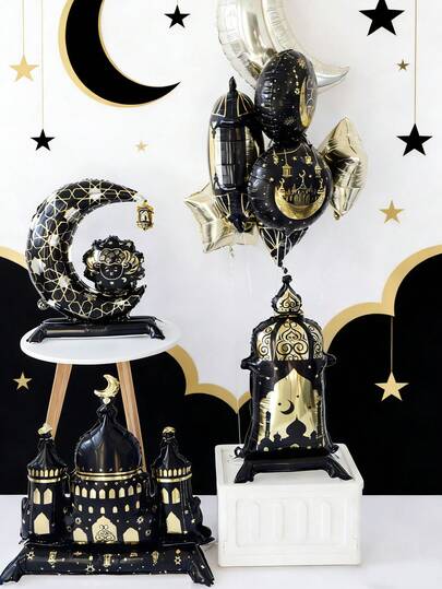MECRLA Islamischer Feiertag Folienballon Set - Ramadan / Eid Al-Fitr / Eid Al-Adha Party Heimdekoration mit Halbmond Moschee Laternen Dekorationen, Schwarz/Grün/Lila