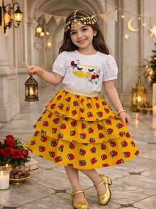 H HIBOBI 2 件套女童斋月风格短袖上衣和裙子套装，春夏 - 黃色 - 查看 1