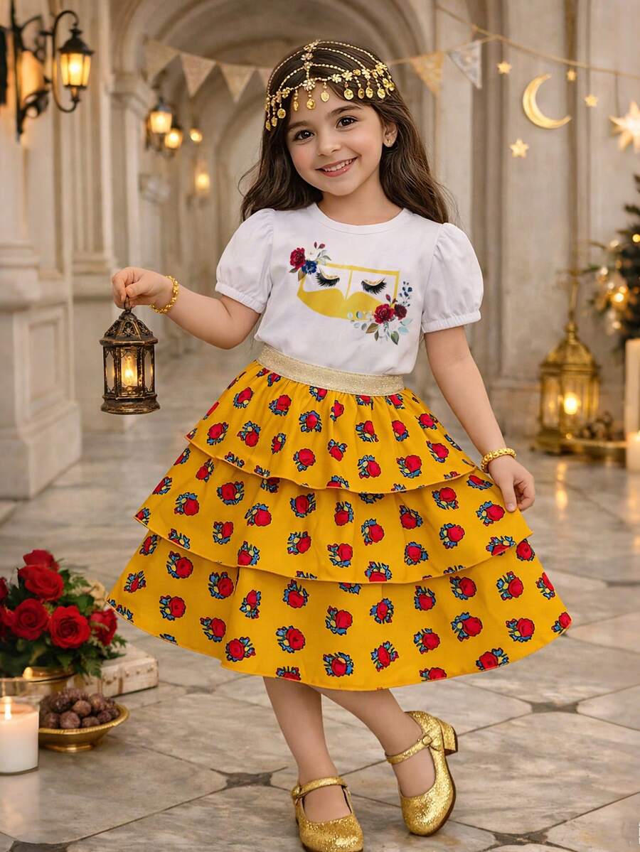 H HIBOBI 2 件套女童斋月风格短袖上衣和裙子套装，春夏 - 黃色 - 查看 1