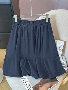Japanese Style Casual Black A-Line Skirt With Pockets, Minimalist Design, Age-Reducing Skirt Spring - Navy Blue - View 2