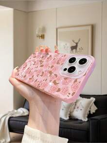 1个时尚粉色IMD闪光手机壳，粉色玫瑰图案，防震，兼容 17/17 Pro/17 Max/17 Air/16/15/14/13/12/11、S25、OPPO、vivo、Redmi、Transsion系列 - 粉色 - 查看 2