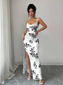 LilyHouse Women's Summer Bohemian Sling Maxi Dress – Full Leaf Print, Elegant & Casual, Must-Have For Beach Trips & Vacations, Sexy Open-Back High-Slit Beach Dress | Valentine's Day Special Acation Outfits Women - Black and White - View 4