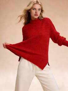 Women's Mock Neck Chunky Knit Sweater, Oversized Textured Multi-Color Pullover, Cozy & Stylish Spring Essential, Elegant Side Split Long Sleeve Jumper, Casual Spring Knit Top, Transitional Layer Piece, Perfect For New Year & Valentine's Day - 紅色(升級款) - 查看 7