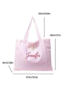 Customizable Striped Tote Bag With Name Logo And Floral Text, Canvas Underarm Handbag, Large Capacity Beach Tote And Shoulder Bag - Pink - View 8