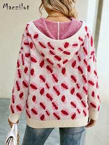 女士套头毛衣，豹纹连帽针织衫，印花设计，时尚百搭 - 玫紅色 - 查看 4