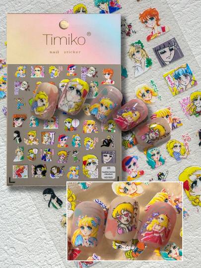1 Foglio di adesivi per unghie stile manga vintage, design unico a pannelli fumettistici con elementi classici come simboli a forma di cuore, perfetto per la manicure fai-da-te e la decorazione artigianale per le ragazze