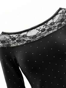 露肩蕾丝波点长袖T恤，时尚修身女款上衣 - 黑色 - 查看 10