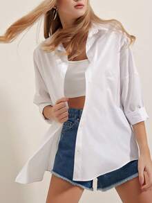 女士休闲黑色长款衬衫，翻领，卷边袖，纽扣前襟，涤纶面料，长款 - 白色 - 查看 8