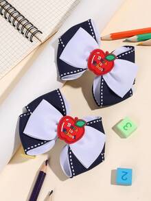2件装蓝白相间布艺蝴蝶结发饰，苹果形发夹，时尚学生妹少女朋友日常节日派对礼物发饰 - 彩色 - 查看 4