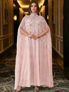 优雅串珠蝙蝠袖长款立领阿巴雅长袍，梭织面料刺绣设计 - 淺粉色 - 查看 9