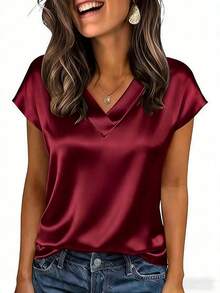 夏季女士时尚V领纯色缎面蝙蝠袖衬衫上衣，女士宽松办公度假衬衫 - 酒紅色 - 查看 3