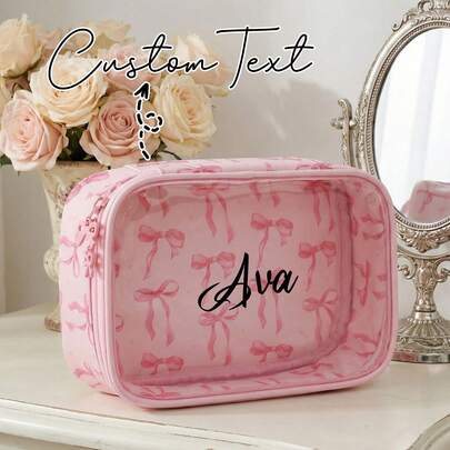 Túi đựng mỹ phẩm PVC trong suốt có thể tùy chỉnh, in hình nơ, chống thấm nước, thiết kế khóa kéo tiện dụng, phong cách tối giản, có thể dán chữ tùy chỉnh, túi đựng đồ vệ sinh cá nhân du lịch cho nữ, quà tặng cho mẹ, túi đi biển, túi đựng khăn tắm biển, đồ dùng cần thiết khi đi biển, quà tặng mùa thu/đông, quà tặng ngày Valentine.