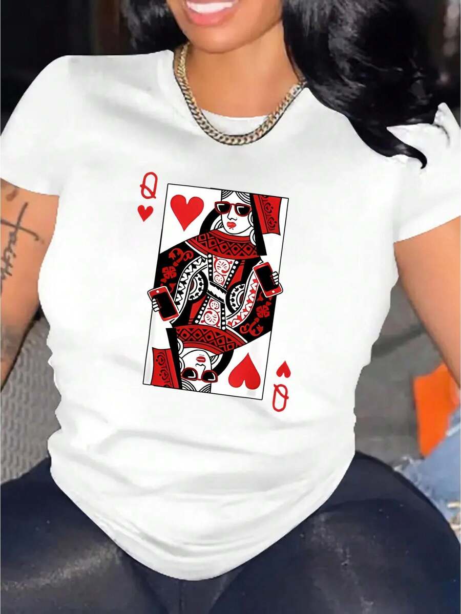 Women's Chic Poker Heart Q Graphic Tee - Casual Round Neck Short Sleeve, Comfortable Polyester-Spandex Blend, Machine Washable Summer Top in Black - Weiss - Übersicht 1
