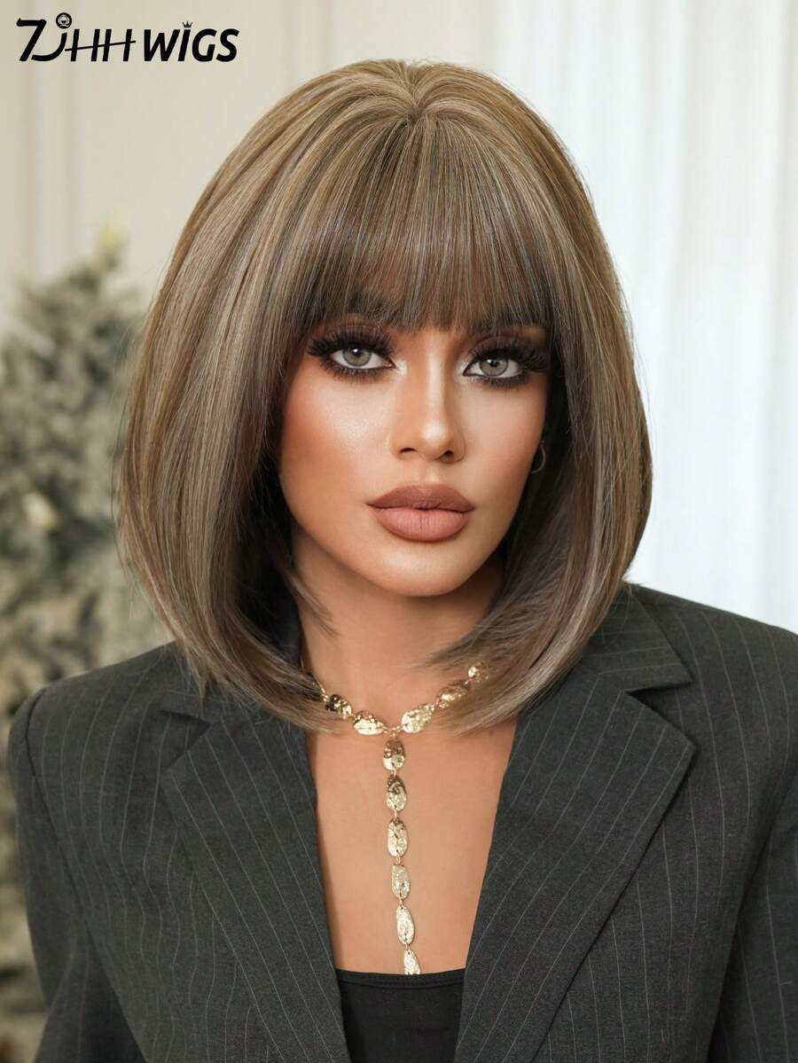 7JHH WIGS 女士短款亚麻棕色挑染灰色波波头假发，短直发带刘海，全机织耐热假发，适合日常派对、音乐节庆典和角色扮演等场合佩戴，12英寸