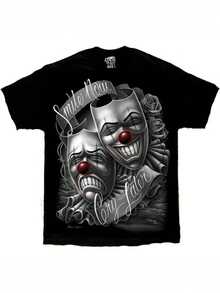 100% Cotton DGa Drama Mask Lowrider Chicano Art Smile Now Cry Later David Gonzales T Shirt Man Menswear Graphic Tee - Black - View 1