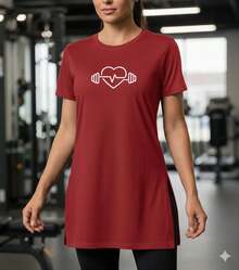 Women's Long Line Top With Butt Coverage, Fitness, Workout, Gym, Heart Print - Red - View 1