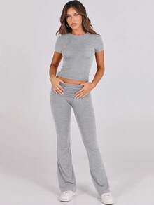 Lounge Sets For Women 2 Piece Foldover Yoga Flare Leggings Pants Crop Tops Casual Y2K Outfits Matching Tracksuit Set - 灰色 - 查看 1
