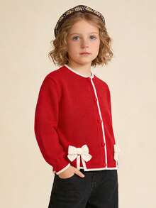 Balabala Girls' Knitted Cardigan, Sweet Spring Jacket For Young Girl - Chinese Red - View 5