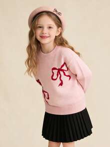 Balabala Tween Girl 2025 New Year Bow Jacquard Round Neck Drop Shoulder Long Sleeve Casual Sweater - Red - View 6