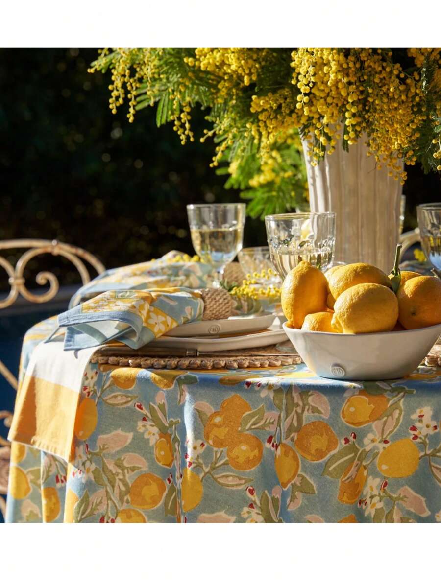 Mediterranean Citrus Grove Inspired Lemon & Blossom Print Tablecloth,French Tablecloth Citron Bleu & Yellow - Yellow - View 1