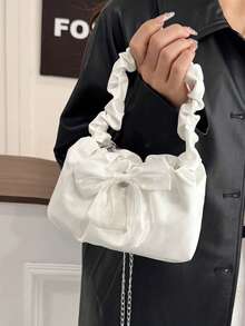 女士蝴蝶结装饰褶皱链条单肩包，适合日常通勤、旅行、购物、休闲外出 - 白色 - 查看 3