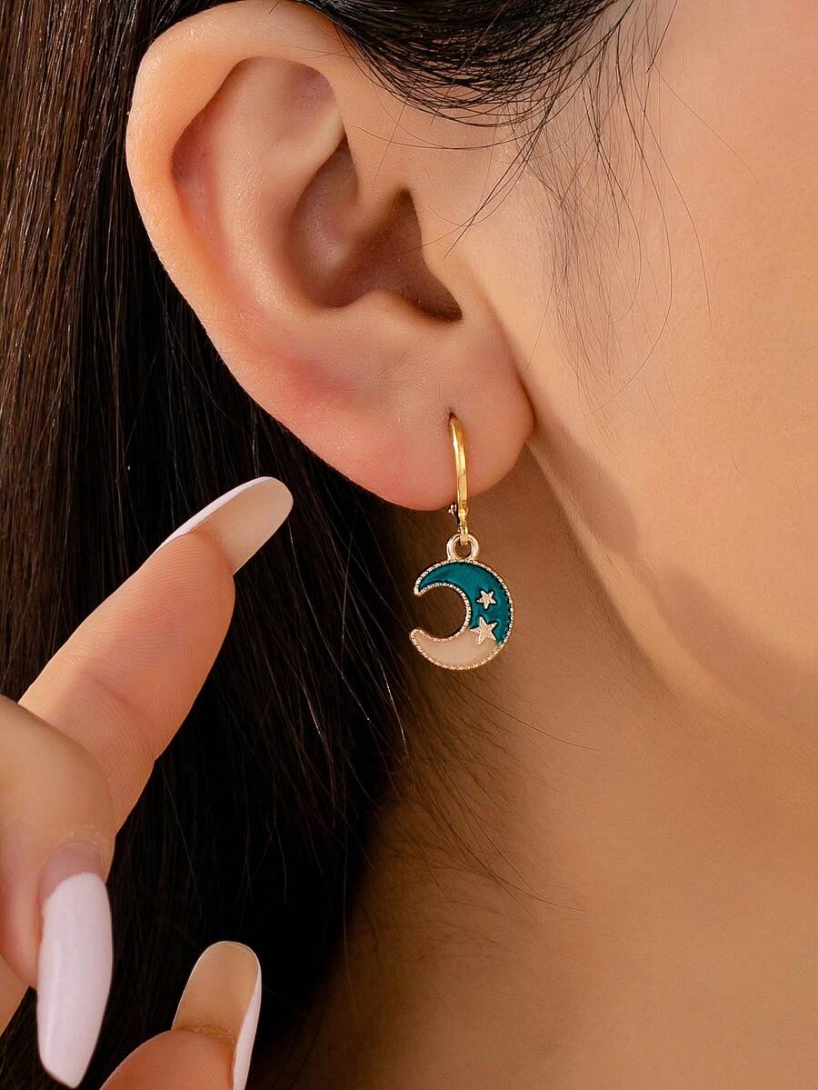 1 Par de Brincos Pendentes de Alta Qualidade com Estampa de Estrela e Lua para Mulheres, Acessórios da Moda com Esquema de Cores Estiloso, Adequado para Uso Diário e Presente em Festivais - Verde - Visão 1