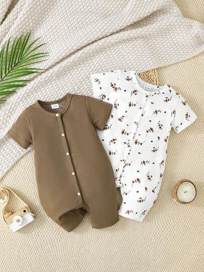 2件装女婴幼儿按扣连体衣，简约短袖休闲夏季连体裤