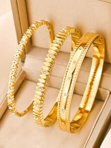3pcs/Set Stainless Steel Women Bracelet, Luxury Gold Plated Rhinestone Jewelry Set, Suitable For Valentine's Day Gift, Daily Commute, Date, Party, Music Festival, Beach Vacation - Gold - View 7