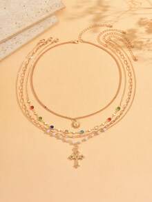 4pcs/Set Glass Crystal Handmade Chain Necklace, Minimalist Cross Pendant, Suitable For Daily Wear And Photography, Random Glass Crystal Arrangement, Adjustable Chain Length - Gold - View 2