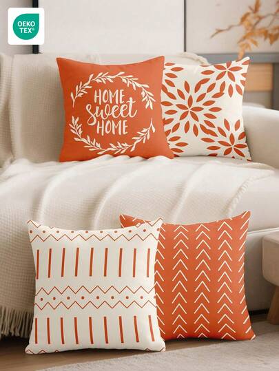 1pc/4pcs Pillow Case Set, Autumn Pillow Cover, Cushion Cover, Bedding, Pillow Sham, Single-Sided Printed Pillow Case, Modern Sofa Throw Pillow Cover, Suitable For Autumn Decor, Orange Pillow Cover, Soft & Comfortable Fabric, Breathable & Pilling Resistant, Removable Pillow Sham