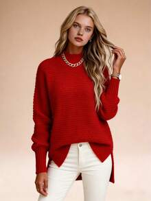 Women's Mock Neck Chunky Knit Sweater, Oversized Textured Multi-Color Pullover, Cozy & Stylish Spring Essential, Elegant Side Split Long Sleeve Jumper, Casual Spring Knit Top, Transitional Layer Piece, Perfect For New Year & Valentine's Day - 紅色(升級款) - 查看 3