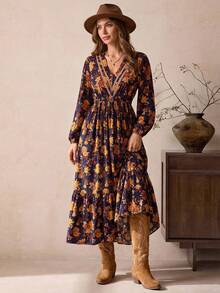 Abito casual da vacanza con scollo a V in pizzo floreale retrò bohémien blu navy profondo - blu scuro - Visualizzare 1