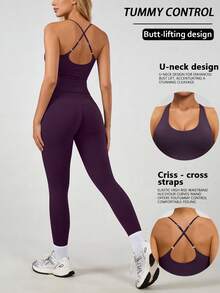 1 Set Women's Elastic Spaghetti Strap Criss-Cross Back Elastic Camisole And Pants Sports Suit - Purple - View 1