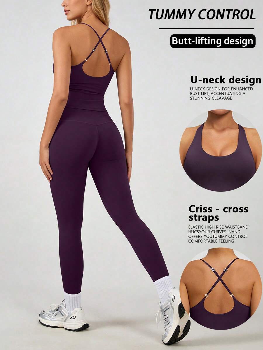 1 Set Women's Elastic Spaghetti Strap Criss-Cross Back Elastic Camisole And Pants Sports Suit - Purple - View 1