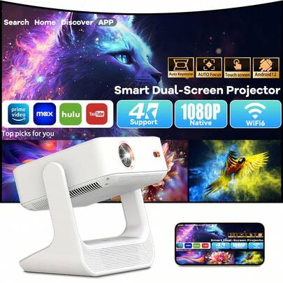 Android 12 Powered Office/Video Projector With 8-Inch Touchscreen, Cloudai Speaker, WiFi6, 180° Rotation, Auto Focus & Obstacle Avoidance, 400 Lumens Brightness, Suitable For Home Cinema And Gaming, Modern Aesthetic Design, High-Quality Lens