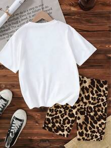 2pcs/Set Cute Rabbit Graphic Loose Fit Short Sleeve Top And Leopard Print Elastic Waist Shorts Set, Casual Summer Outfit - Multicolor - View 4
