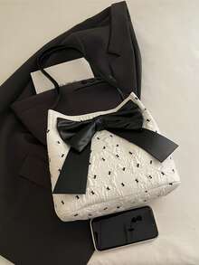 1pc White Embossed Fabric + Black Bow Accent One Shoulder Tote Bag, Open Top Design, Sweet & Cool Style, Suitable For Women Everyday/Commute, All Seasons - White - View 3