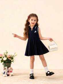Baby Girls' Summer Preppy Style Versatile Lady Equestrian Embroidery Collar Sleeveless Pleated Dress, Casual Sporty Outdoor Daily Outfit - Royal Blue - View 3