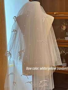 1件轻盈珍珠蝴蝶结单层教堂式新娘头纱，适合女士派对、短款珍珠头纱、简约订婚装饰头纱、婚礼头纱、角色扮演头纱、主题派对头纱、求婚头纱，便携易带 - 白色 - 查看 11