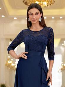 MIUSOL Vestido de fiesta de noche, boda y primavera con mangas 3/4, volantes y encaje floral elegante - Azul Marino - Ver 8