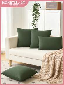 4 件套格子枕套，隐形拉链，柔软现代风格，适用于客厅、卧室、沙发装饰，可机洗，通过 Oeko-Tex 认证 - 橄欖綠 - 查看 2